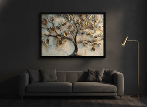 Canvas in a black frame hung above a sofa in a dark living room | MusaArtGallery