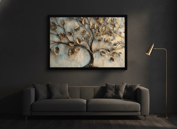 Canvas in a black frame hung above a sofa in a dark living room | MusaArtGallery