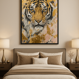 Bedroom with a tiger artwork on the wall