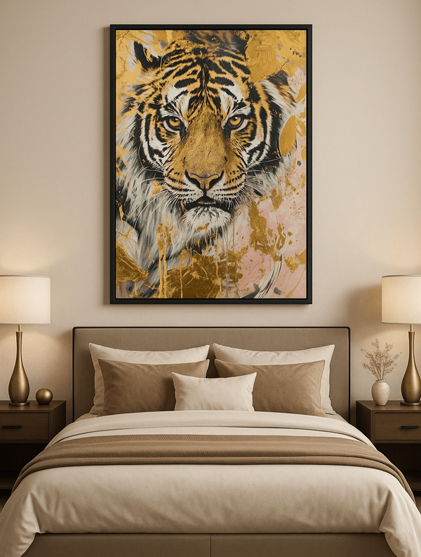 Bedroom with a tiger artwork on the wall