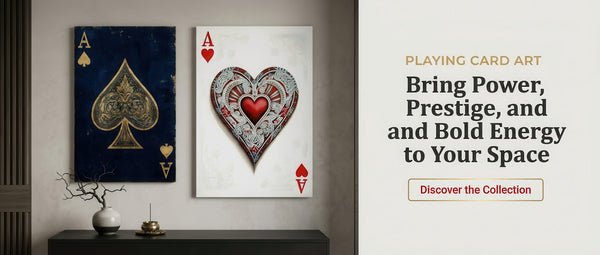 Two playing card art pieces on a wall with promotional text below.
