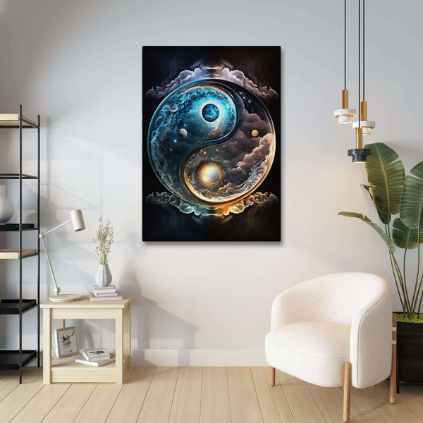 Yin yang design with celestial elements on a wall in a modern living room.