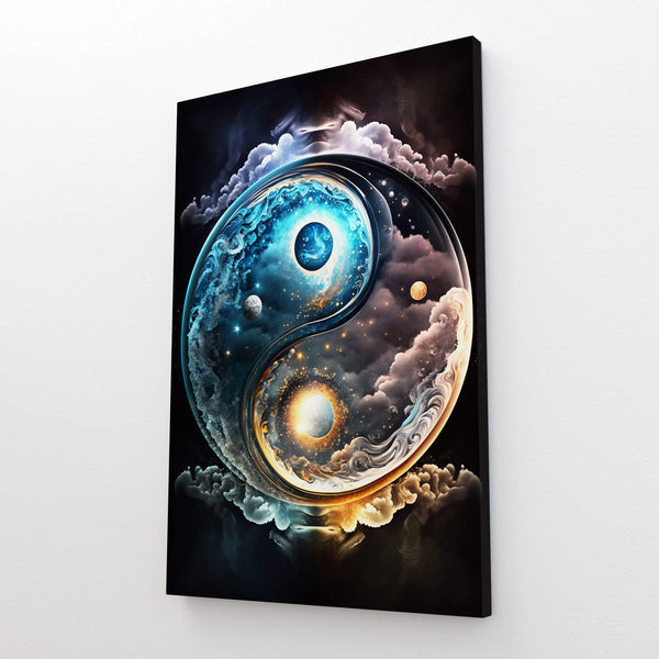 Yin yang symbol with celestial elements on a white background