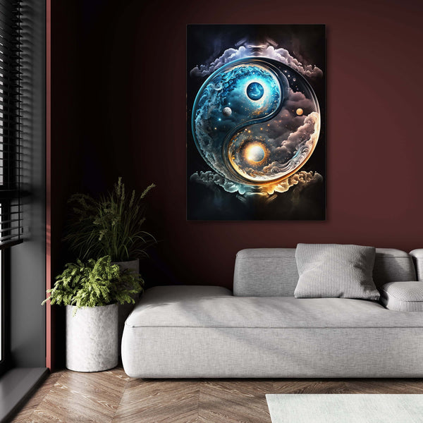 Yin yang symbol artwork on a wall above a gray sofa in a living room.