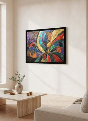 Vibrant geometric abstract canvas in a black frame in a luminous living space | MusaArtGallery
