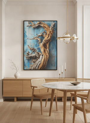 Abstract Driftwood canvas art in a black frame, hung above an oak sideboard in a bright Scandinavian dining room | MusaArtGallery™
