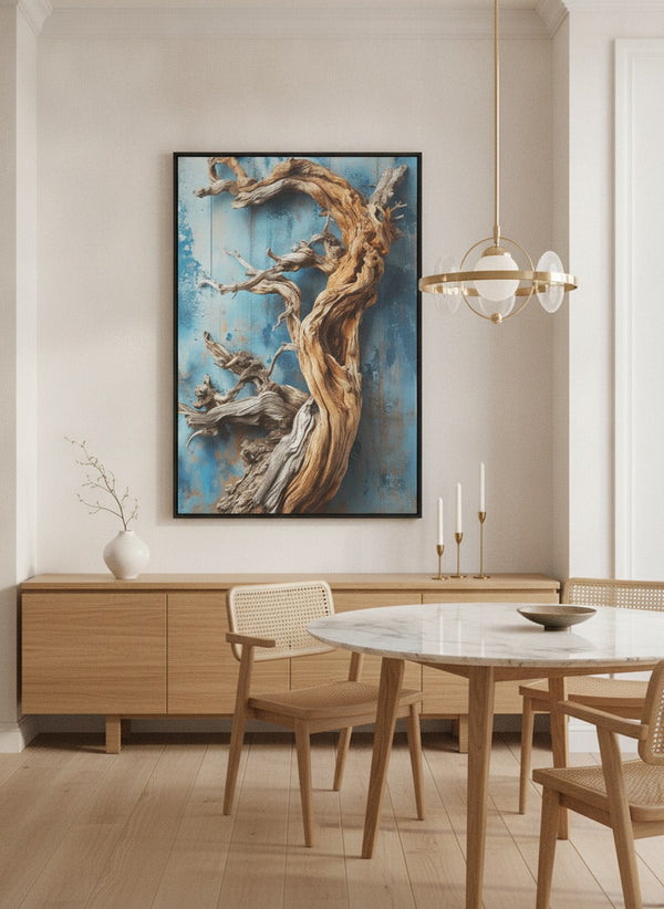 Abstract Driftwood canvas art in a black frame, hung above an oak sideboard in a bright Scandinavian dining room | MusaArtGallery™