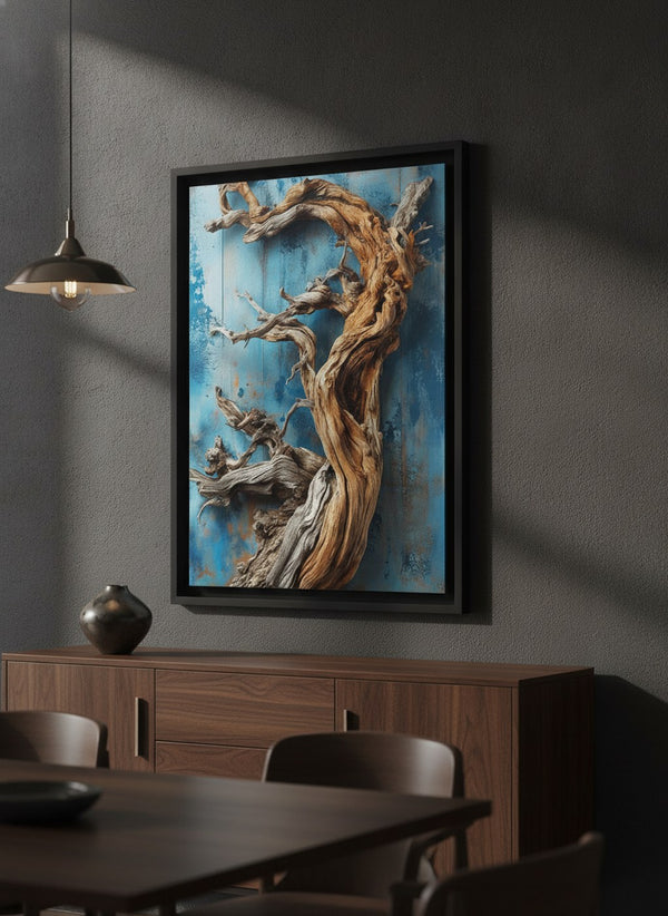 Abstract Driftwood canvas art in a black floating frame, hung above a walnut sideboard in a dark dining room | MusaArtGallery™