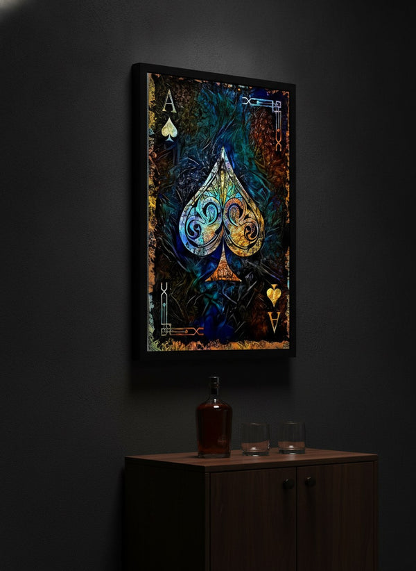 Ace of Spades canvas art in a black floating frame, hung above a drinks cabinet in a dark speakeasy bar | MusaArtGallery™