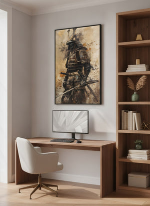 Art of Samurai canvas art in a black frame, hung above a wooden desk in a bright home office | MusaArtGallery™