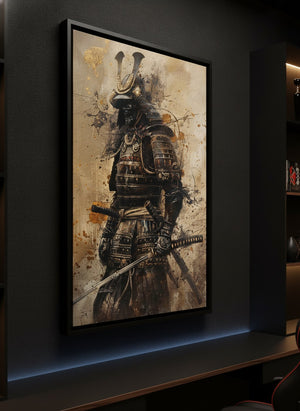 Art of Samurai canvas art in a black floating frame, lit by LED strip lighting in a dark gaming room | MusaArtGallery™