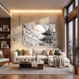 Black And White Japanese Cherry Blossom Pagoda Wall Art