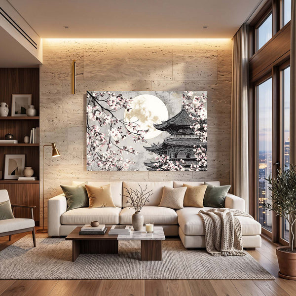 Black And White Japanese Cherry Blossom Pagoda Wall Art