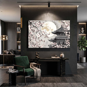 Black And White Japanese Cherry Blossom Pagoda Wall Art