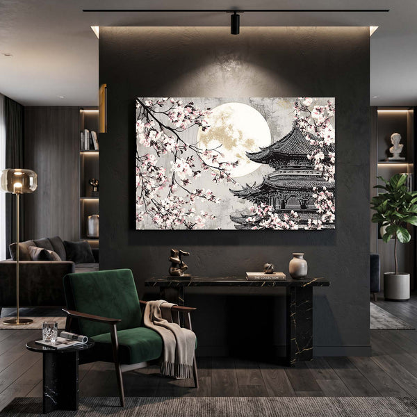 Black And White Japanese Cherry Blossom Pagoda Wall Art