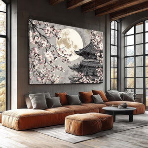 Black And White Japanese Cherry Blossom Pagoda Wall Art
