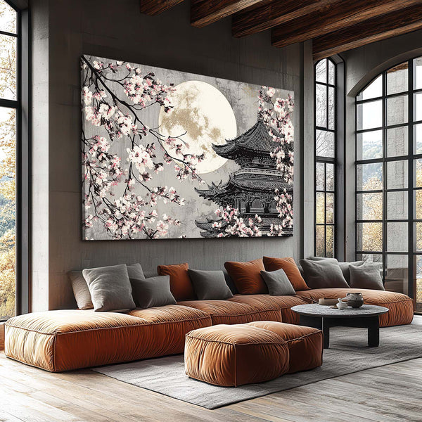 Black And White Japanese Cherry Blossom Pagoda Wall Art