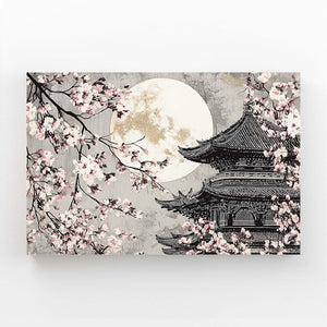 Black And White Japanese Cherry Blossom Pagoda Wall Art