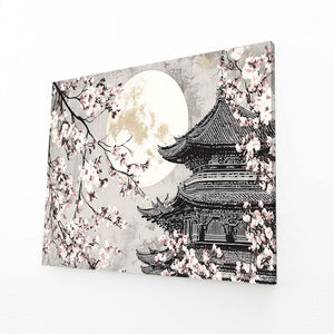 Black And White Japanese Cherry Blossom Pagoda Wall Art