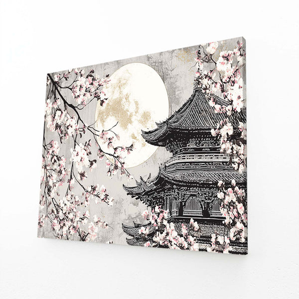 Black And White Japanese Cherry Blossom Pagoda Wall Art