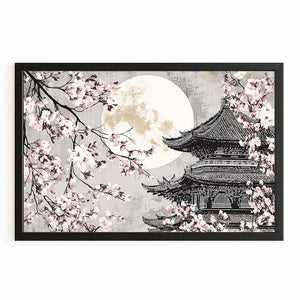 Black And White Japanese Cherry Blossom Pagoda Wall Art