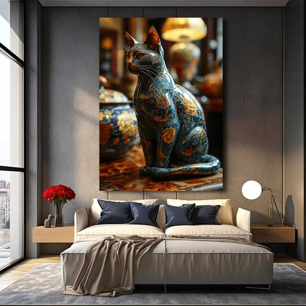 Blue and Gold Statue Cat Art | MusaArtGallery™