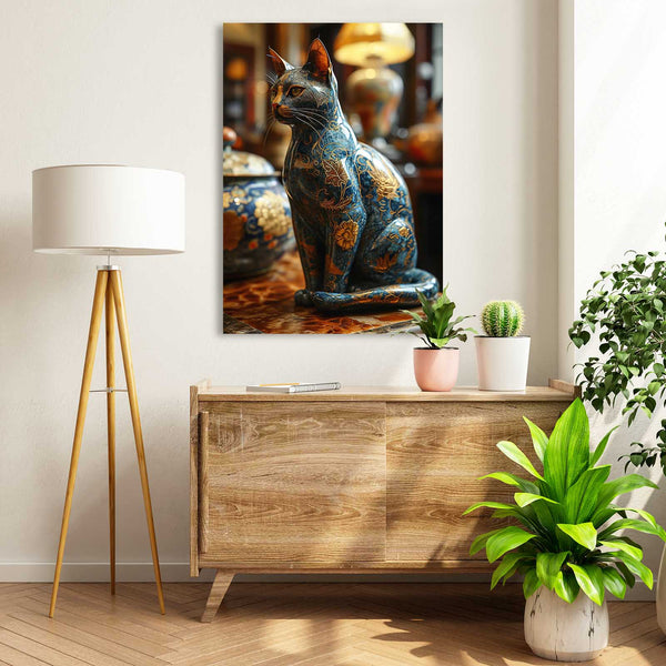 Blue and Gold Statue Cat Art | MusaArtGallery™