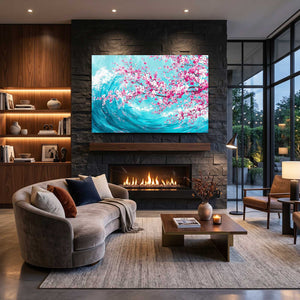 Blue Ocean Wave Cherry Blossom Wall Art