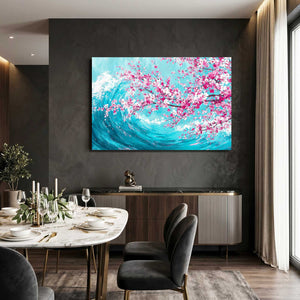 Blue Ocean Wave Cherry Blossom Wall Art