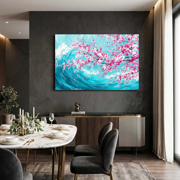 Blue Ocean Wave Cherry Blossom Wall Art