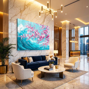 Blue Ocean Wave Cherry Blossom Wall Art