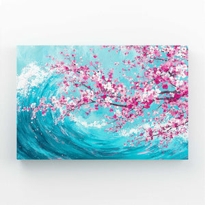 Blue Ocean Wave Cherry Blossom Wall Art