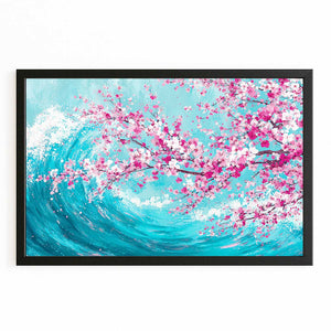 Blue Ocean Wave Cherry Blossom Wall Art
