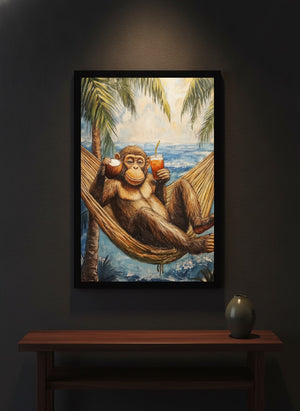 Canvas in a black frame hung above a walnut console in a dark lounge | MusaArtGallery