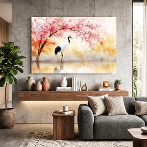 Crane Cherry Blossom Tree Wall Art