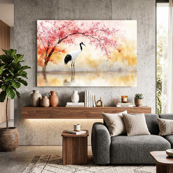 Crane Cherry Blossom Tree Wall Art