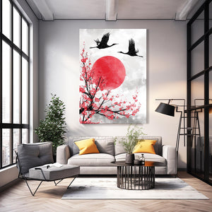 Cranes Red Sun Cherry Blossom Wall Art