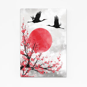 Cranes Red Sun Cherry Blossom Wall Art