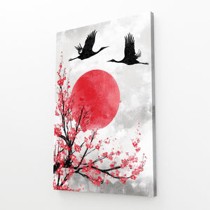 Cranes Red Sun Cherry Blossom Wall Art
