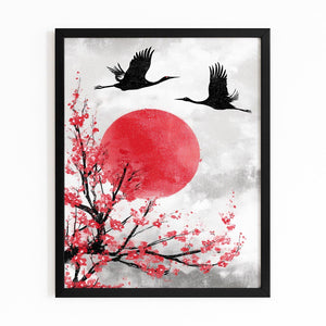 Cranes Red Sun Cherry Blossom Wall Art