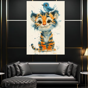 Cute Little Tiger With Bird Art | MusaArtGallery™