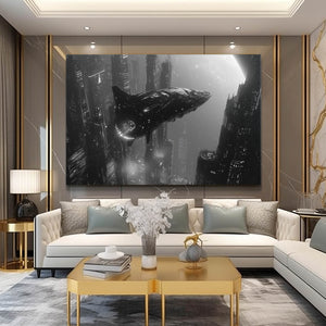 Cyberpunk Art Starship Over City | MusaArtGallery™