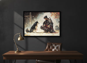 Canvas in a black frame hung above a walnut desk in a dark study | MusaArtGallery