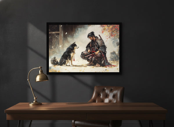 Canvas in a black frame hung above a walnut desk in a dark study | MusaArtGallery