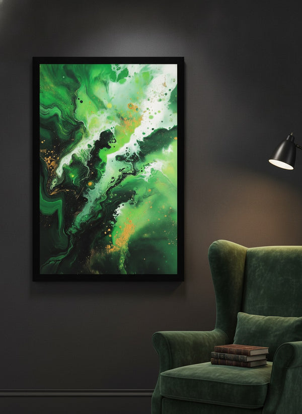Emerald blaze green abstract canvas art in a black floating frame, hung above a green velvet armchair in a reading nook | MusaArtGallery™