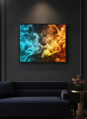 Fire and Ice abstract canvas art in a black floating frame, hung above a navy sofa in a dark living room | MusaArtGallery™