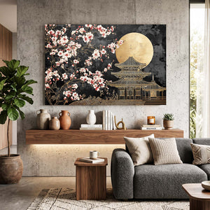 Gold Moon Japanese Cherry Blossom Temple Wall Art