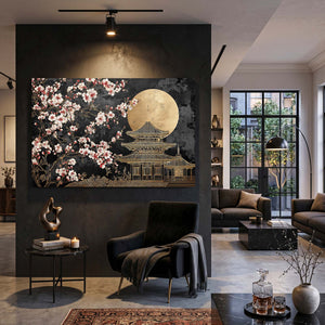 Gold Moon Japanese Cherry Blossom Temple Wall Art