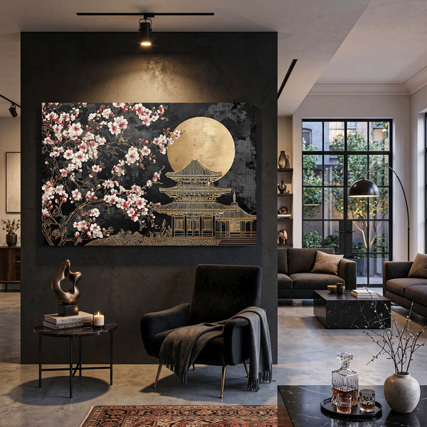 Gold Moon Japanese Cherry Blossom Temple Wall Art