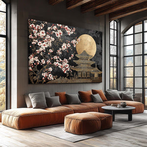 Gold Moon Japanese Cherry Blossom Temple Wall Art